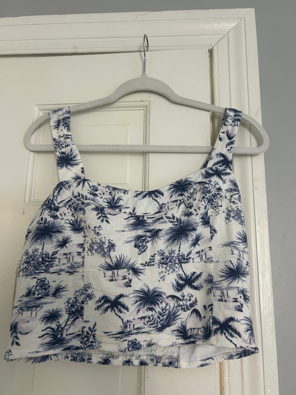 Classic Blue Palm Print Linen Crop Top